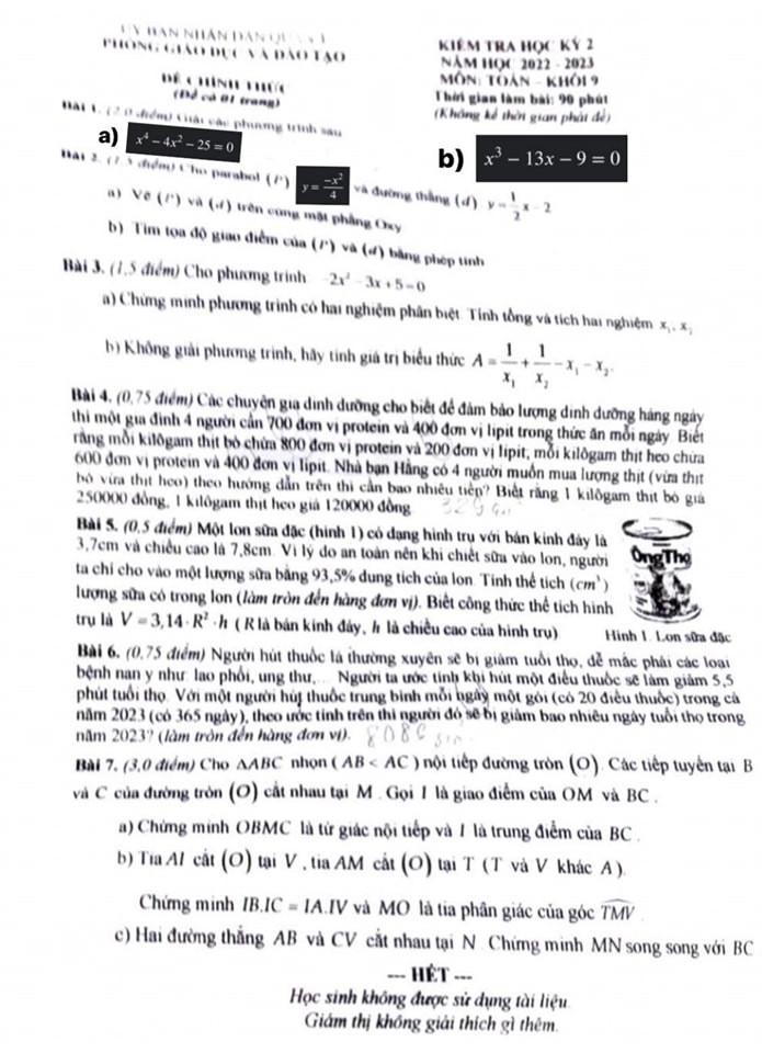 TP.HCM: Đề thi học kỳ 2 môn Toán 9 của học sinh quận 3