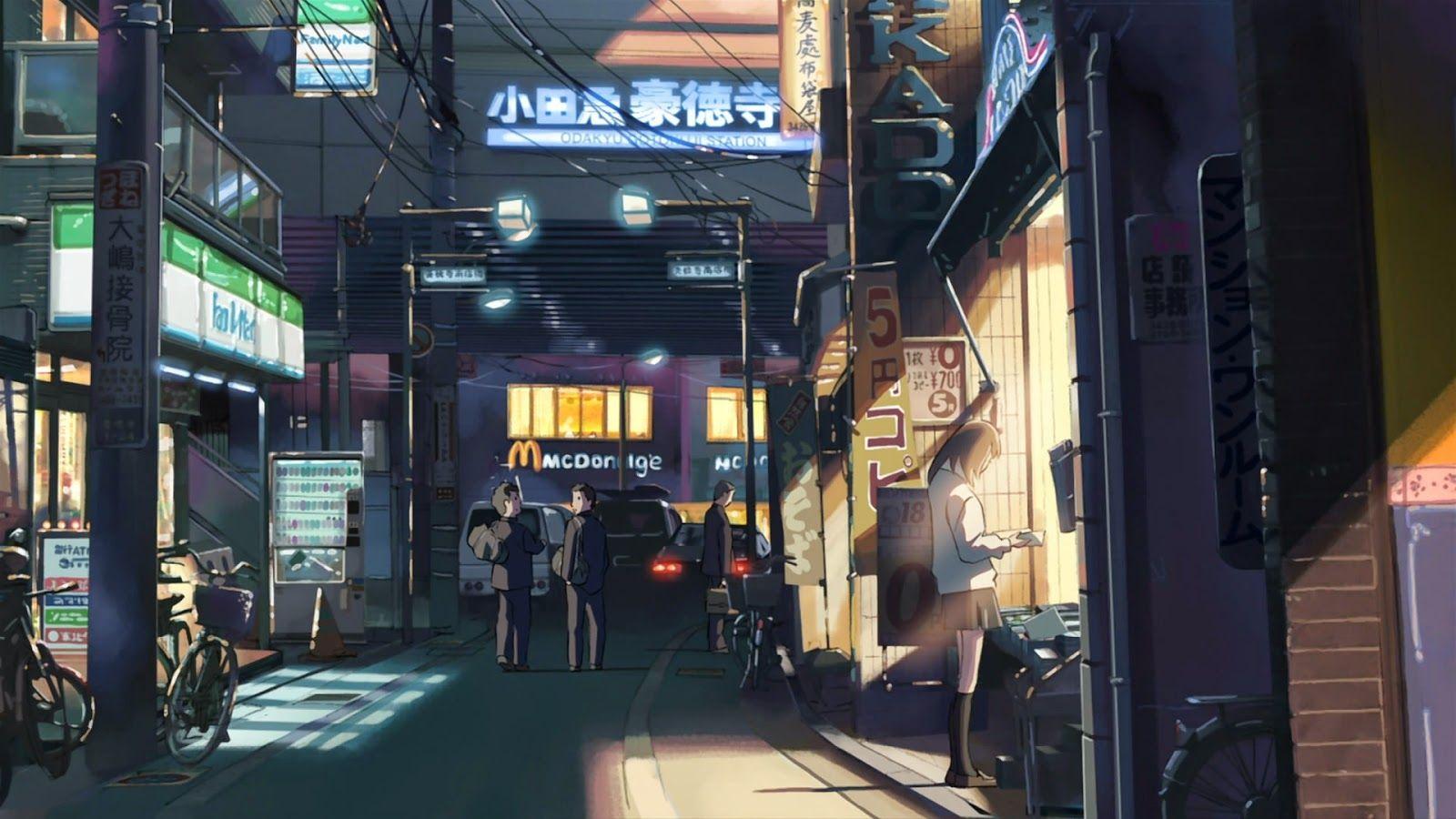 Đường phố thành phố Nhật Bản theo phong cách anime vào ban đêm với đèn neon và không khí đô thị
