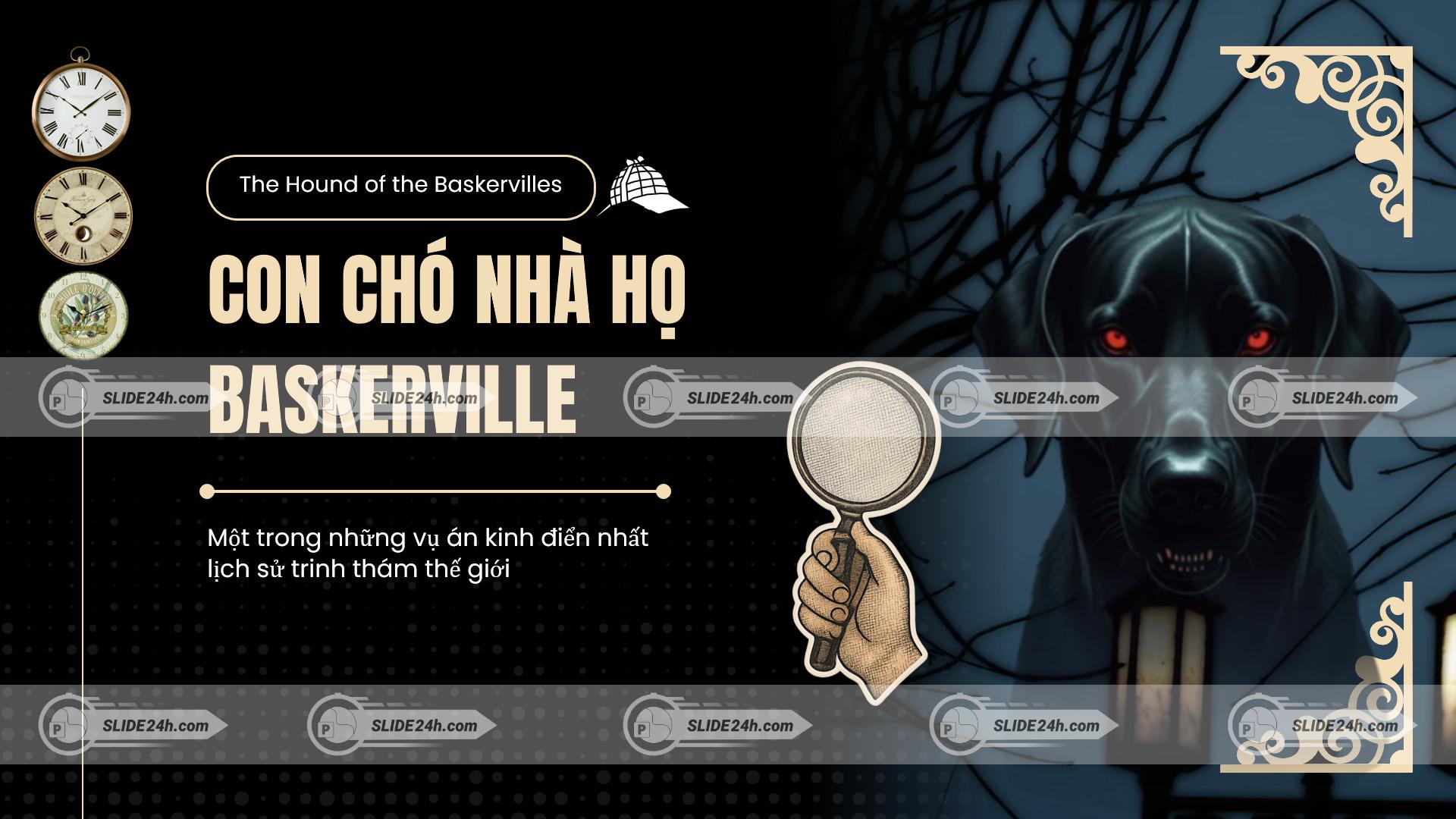 slide con chó nhà họ baskerville với hình ảnh con chó bí ẩn mắt đỏ trong đêm