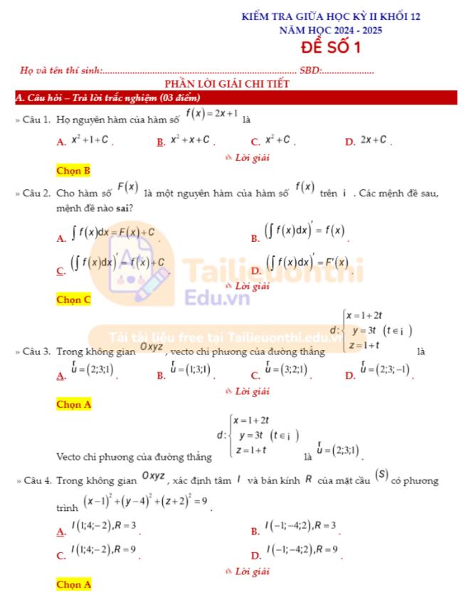 Bộ Đề Thi Giữa Kì 2 Toán 12 chương trình mới có đáp án