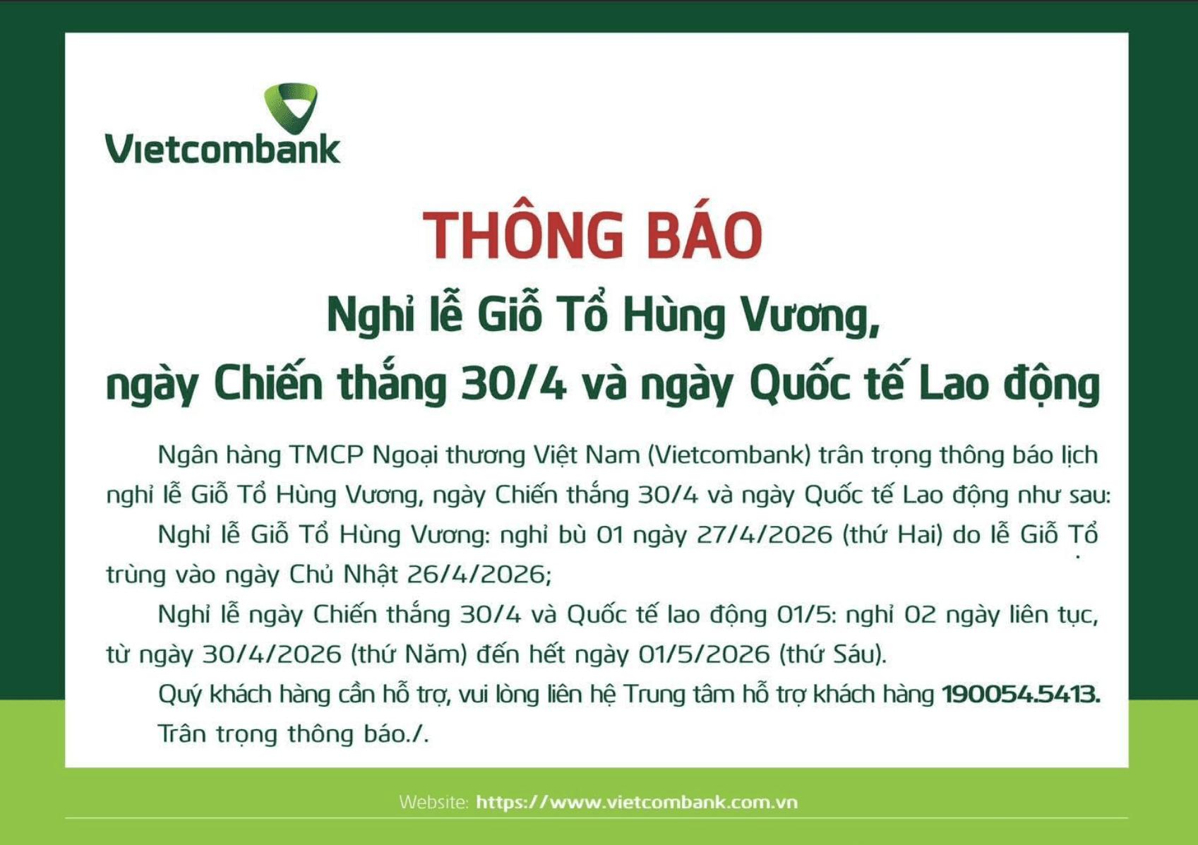 Lịch nghỉ lễ Giỗ Tổ Hùng Vương, dịp 30/4 và 1/5 năm 2026 của các ngân hàng